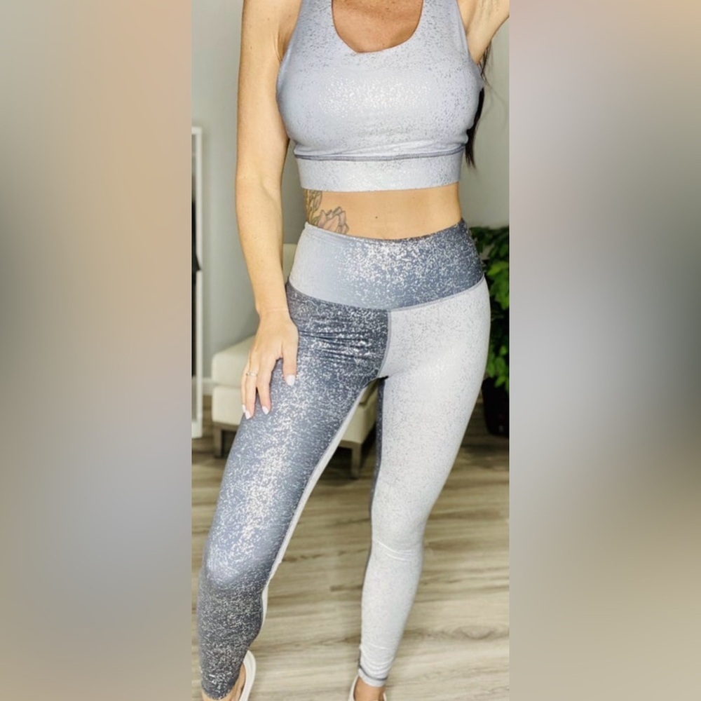 RAE MODE Grey/Silver Foil Print Racerback Sports Bra and Full Length Leggings